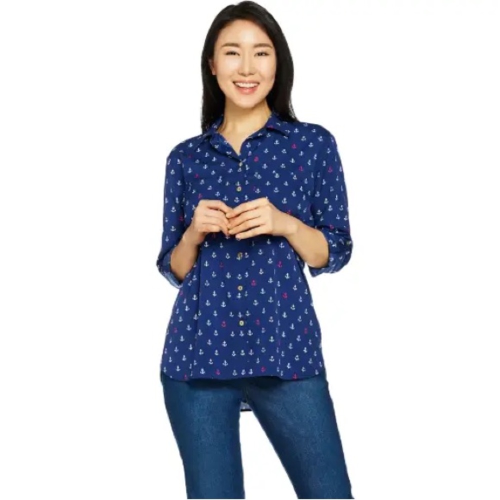 C. Wonder | Anchor Print Button Front "Carrie" Blouse Navy Plus Size 16 A291088